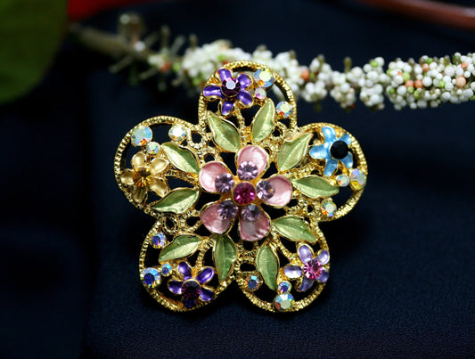 Vintage Multi Colors Enamel And Rhinestone Flowers Brooch, Delicate flower brooch