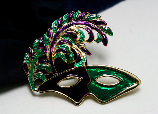 Masquerade Mardi Gras Mask Brooch Pin Enamel Rhinestones Gold Tone
