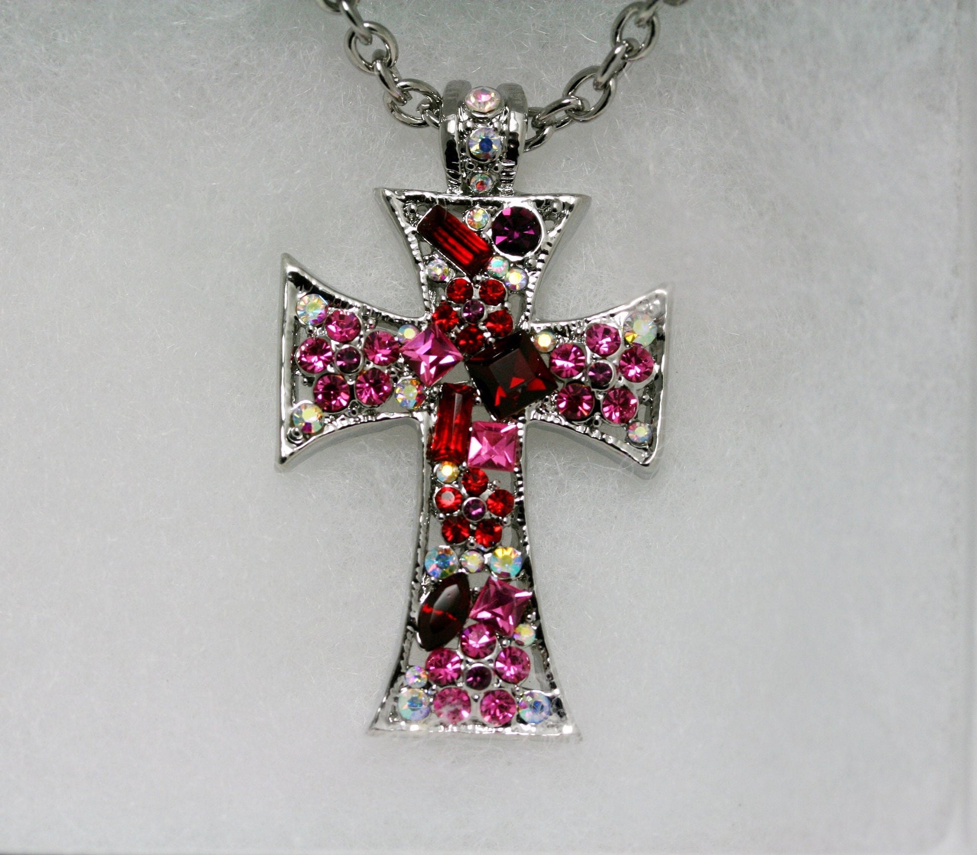 Pink Ruby Crystal & Iridescent Rhinestone Cross Pendant Necklace