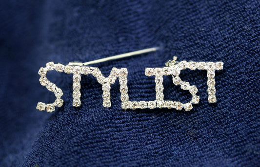 Rhinestone Word Pin "STYLIST", Beauty Salon Designer STYLIST Word Letters Scissors Brooch Pin Jewelry