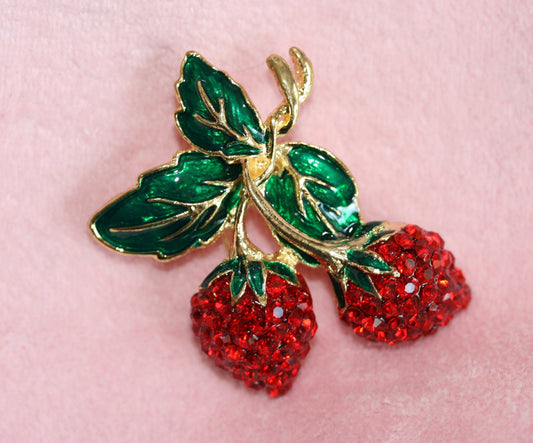 Rhinestone Double Strawberry Brooch Pin, Fruit Ruby Red Crystal Strawberry Brooch, Fruit Pin