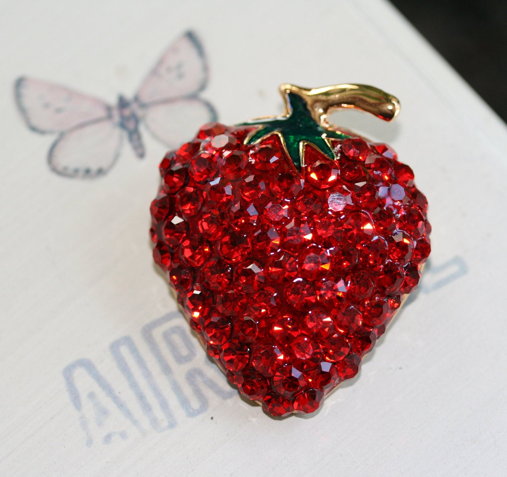 Enamel & Crystal Strawberry Brooch Pin and Pendant, Fruit Ruby Red Crystal Strawberry Brooch, Fruit Pin