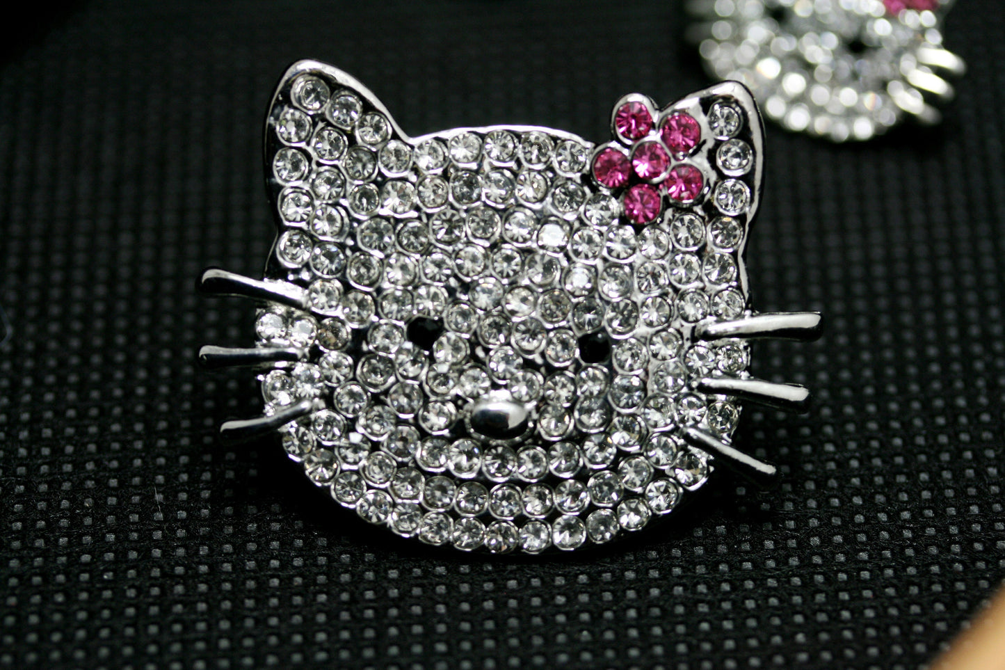 Silver Hello Kitty Rhinestone Brooch, Cat Pin with Pink Flower Kitty Bling, Crystal Hello Kitty Earrings
