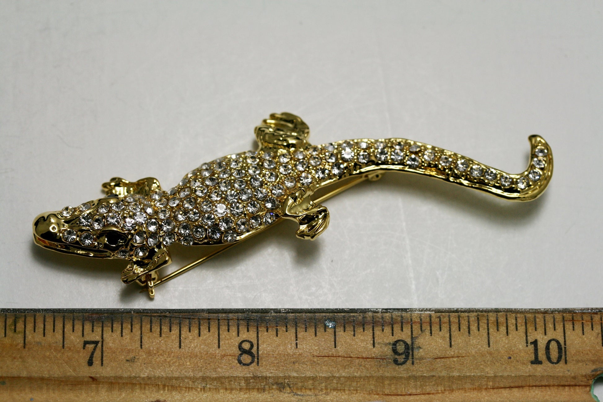 Vintage Jewelry Beautiful Gold Tone and Rhinestone Alligator Pin Brooch, Crocodile Brooch, Animal Brooch, Lizard Brooch