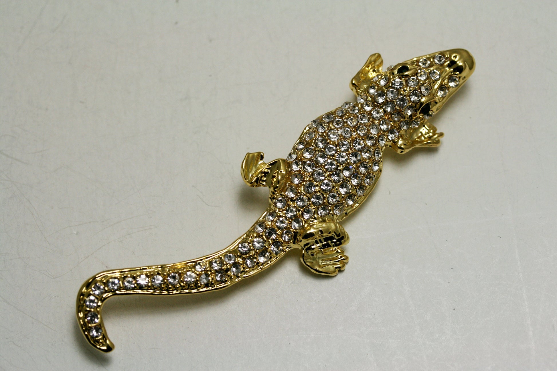 Vintage Jewelry Beautiful Gold Tone and Rhinestone Alligator Pin Brooch, Crocodile Brooch, Animal Brooch, Lizard Brooch