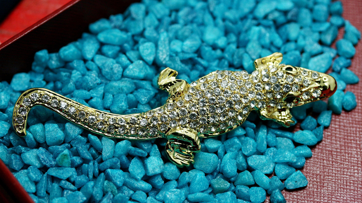 Vintage Jewelry Beautiful Gold Tone and Rhinestone Alligator Pin Brooch, Crocodile Brooch, Animal Brooch, Lizard Brooch
