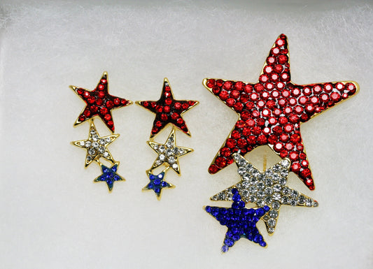 Rhinestone USA Patriotic Star Brooch and Red White Blue Shooting Star Post Earring, US Patriotic Jewelry Set Gift