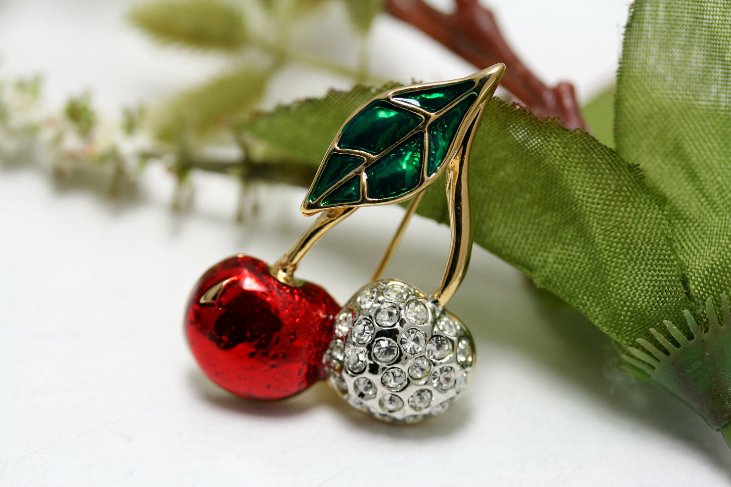 Red Cherry Brooch, Rhinestone And Enamel Lapel Cherry Pin, Fruit Cherry Pin