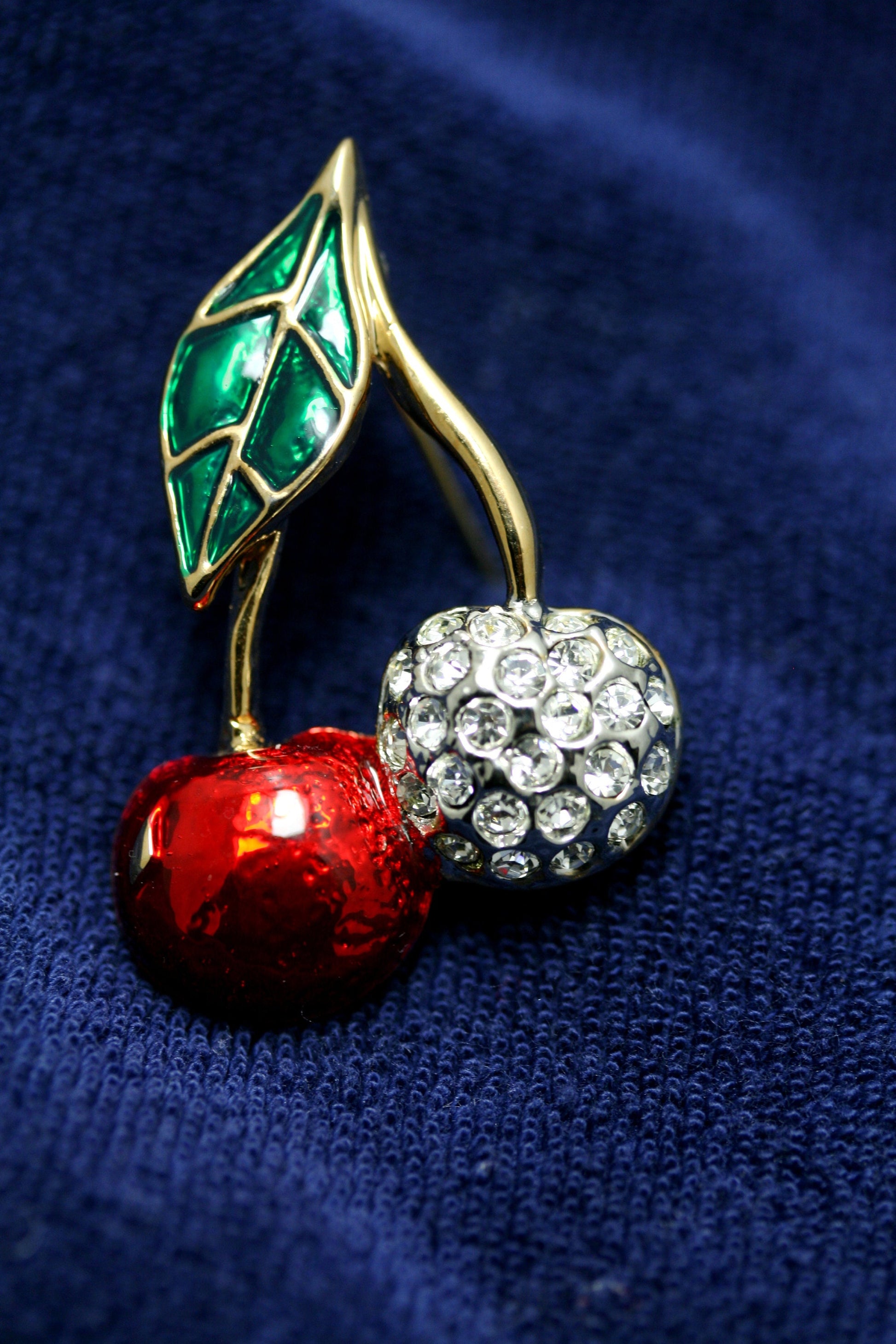 Red Cherry Brooch, Rhinestone And Enamel Lapel Cherry Pin, Fruit Cherry Pin