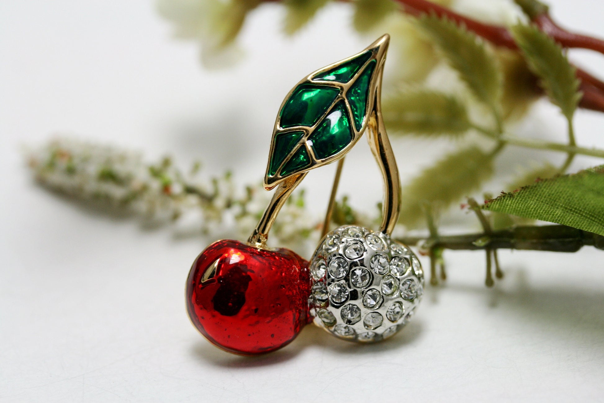 Red Cherry Brooch, Rhinestone And Enamel Lapel Cherry Pin, Fruit Cherry Pin