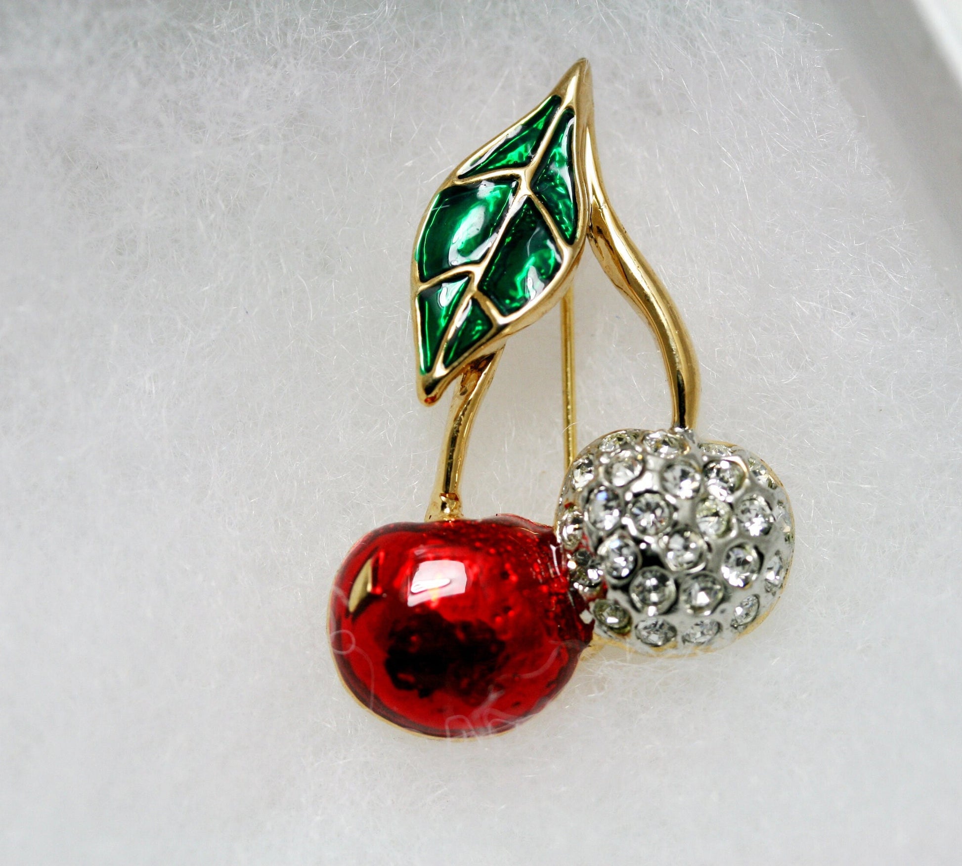 Red Cherry Brooch, Rhinestone And Enamel Lapel Cherry Pin, Fruit Cherry Pin