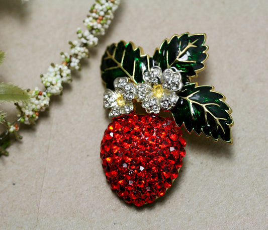 Enamel & Crystal Strawberry Brooch Pin, Fruit Ruby Red Crystal Strawberry Brooch, Fruit Pin