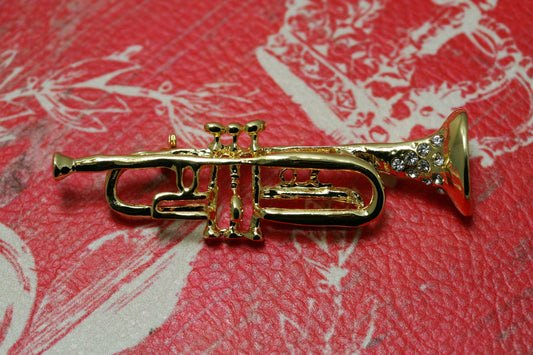 Gold Tone Rhinestone Trumpet Pin Brooch, Crystal Music Instruments Brooch