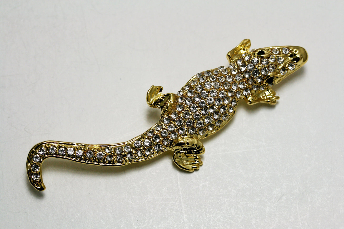Vintage Jewelry Beautiful Gold Tone and Rhinestone Alligator Pin Brooch, Crocodile Brooch, Animal Brooch, Lizard Brooch