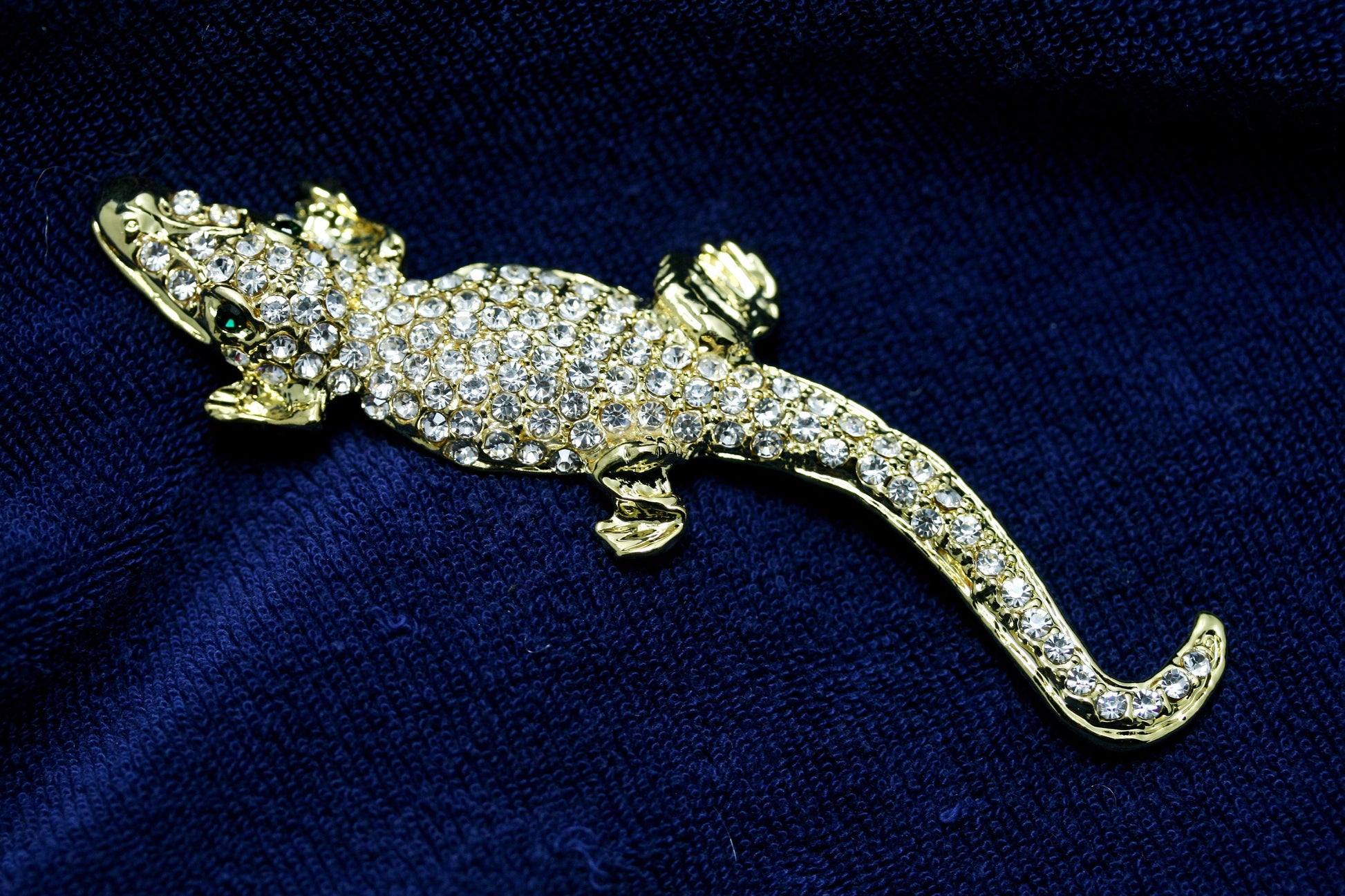 Vintage Jewelry Beautiful Gold Tone and Rhinestone Alligator Pin Brooch, Crocodile Brooch, Animal Brooch, Lizard Brooch