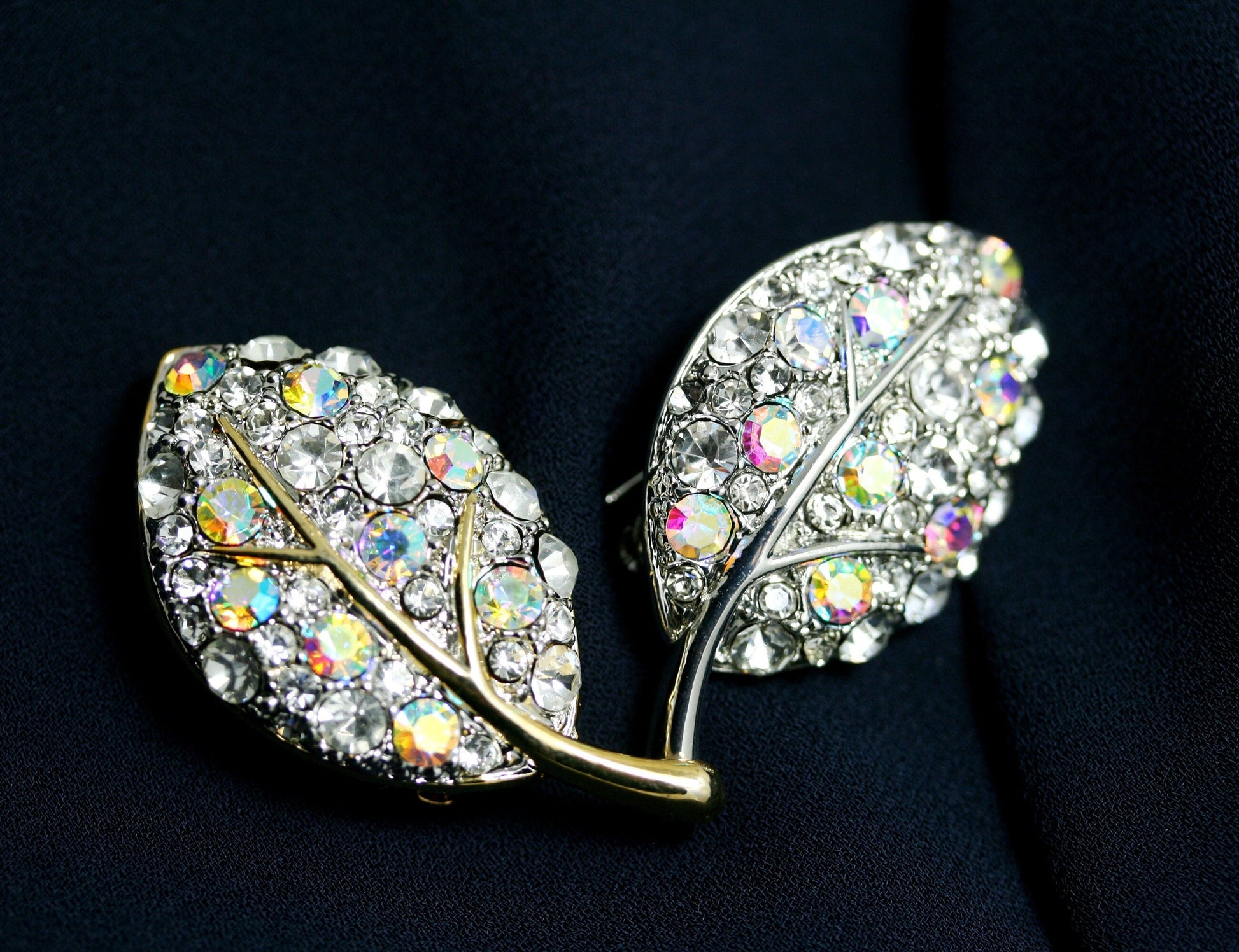 Aurora Crystal Rhinestone Two-tone Floral Leaf Brooch Pin
