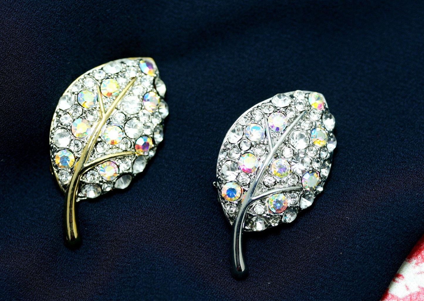 Aurora Crystal Rhinestone Two-tone Floral Leaf Brooch Pin