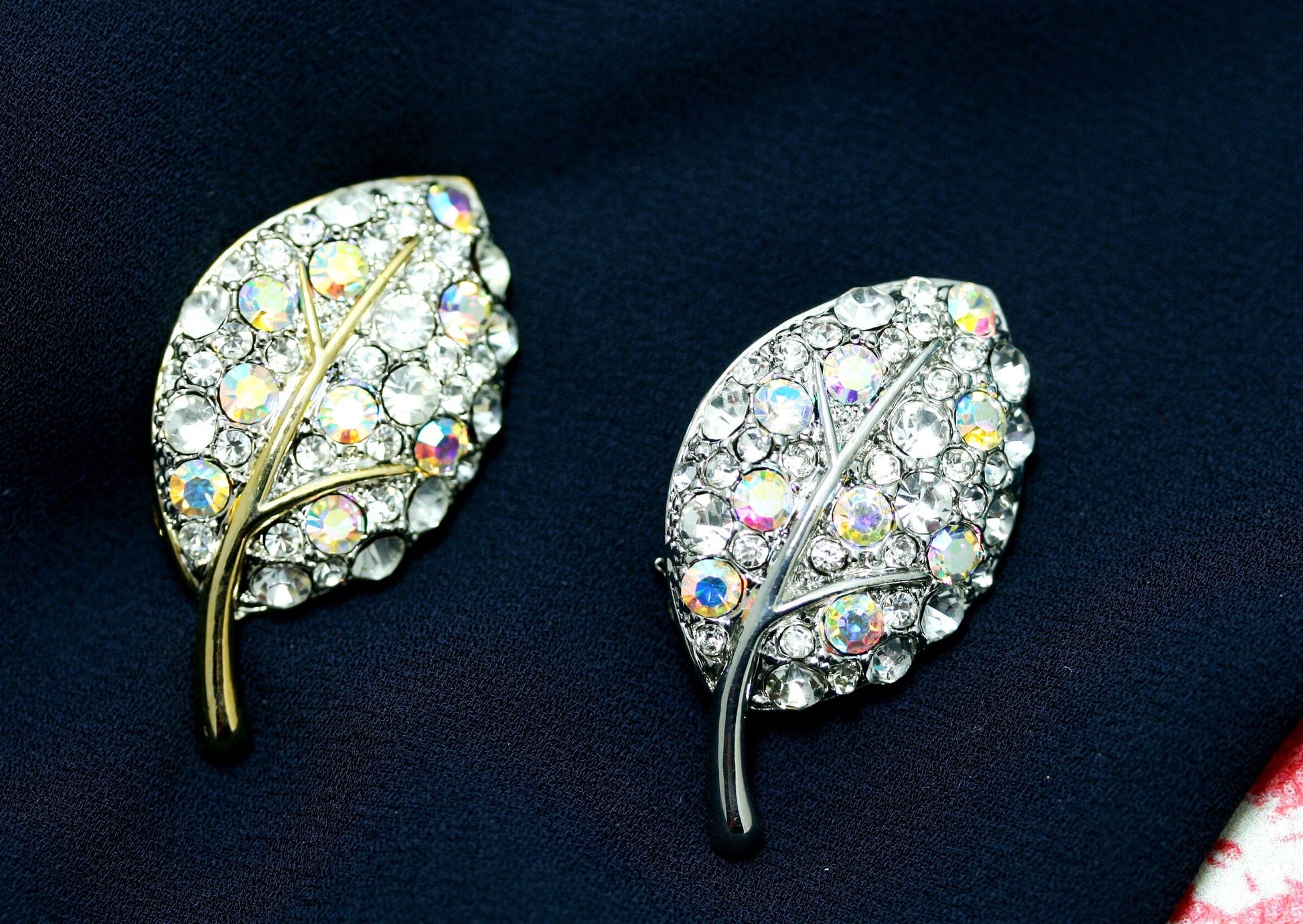 Aurora Crystal Rhinestone Two-tone Floral Leaf Brooch Pin