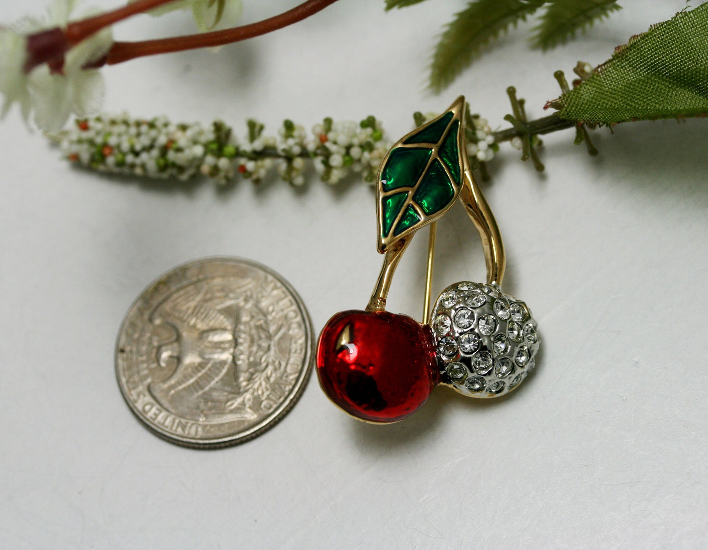 Red Cherry Brooch, Rhinestone And Enamel Lapel Cherry Pin, Fruit Cherry Pin