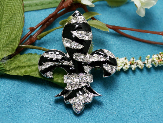 Fleur-De-Lis Crystal Brooch and Pendant, Rhinestone and Enamel Fleur De Lis Pin and Pendant, Mardi Gras Pin and Pendant with Crystals