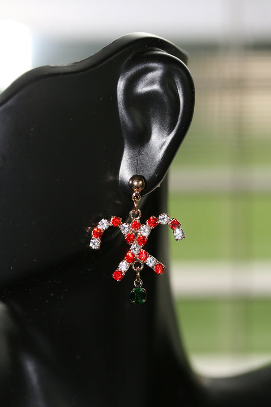 Gold-Tone Christmas Rhinestone Candy Cane Dangle Earrings, Holiday Gift Jewelry