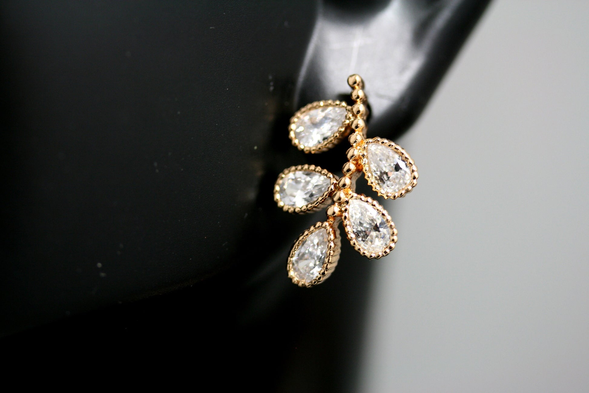 Leaf Stud Earrings with Zircon Gemstones, Rose Gold Leaf Flower Stud Earrings, CZ Rhinestone Minimalist Earrings