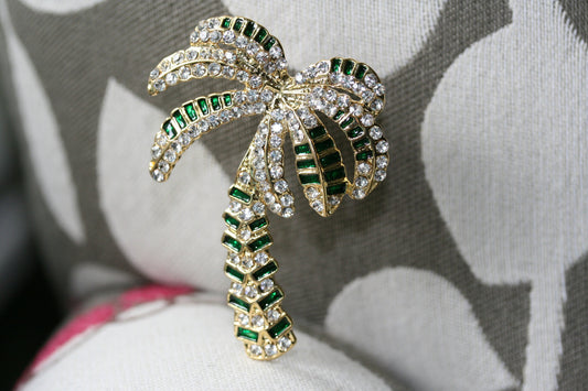 Vintage gold tone metal rhinestone palm tree brooch, Crystal palm tree pin