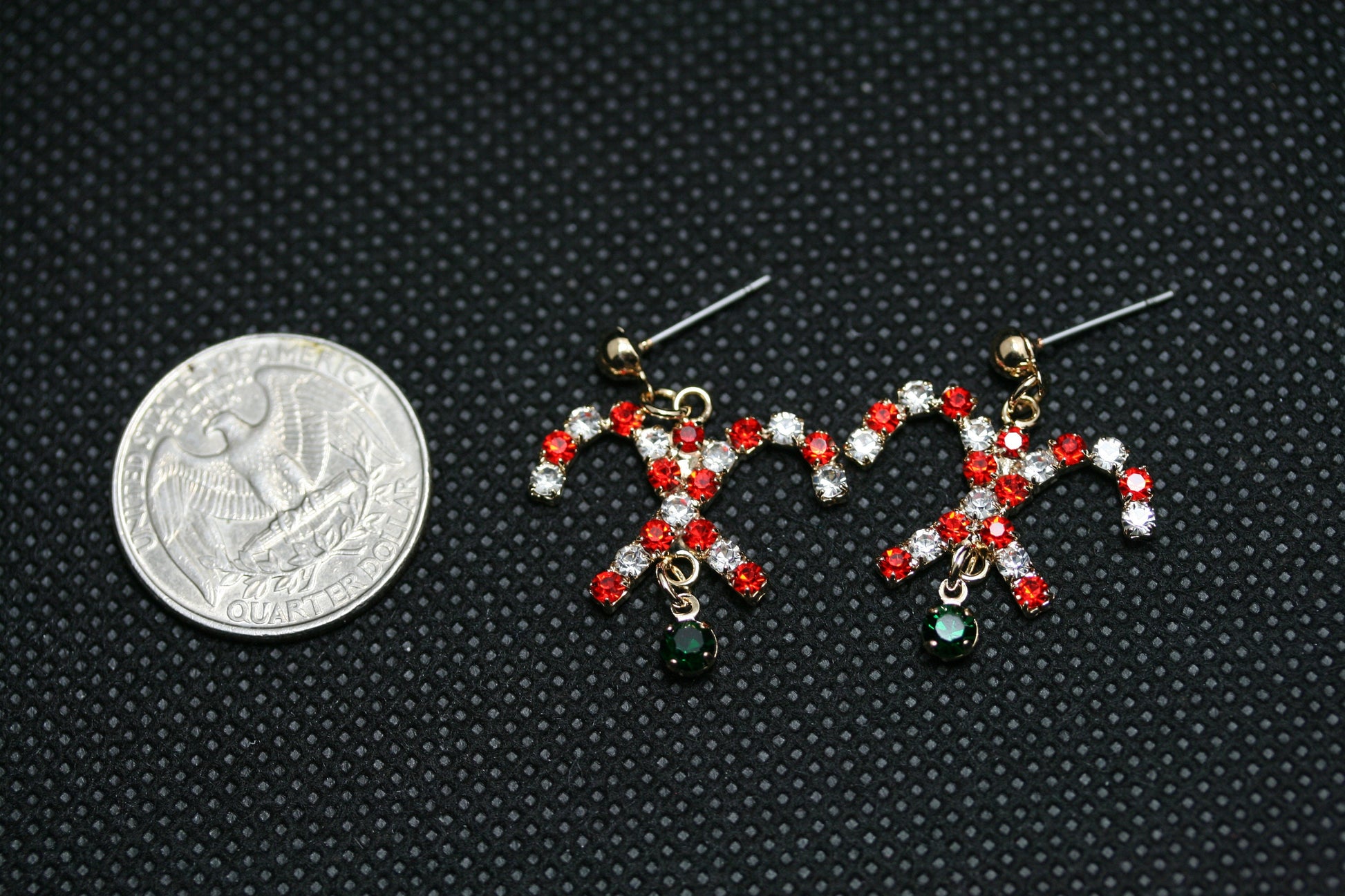 Gold-Tone Christmas Rhinestone Candy Cane Dangle Earrings, Holiday Gift Jewelry