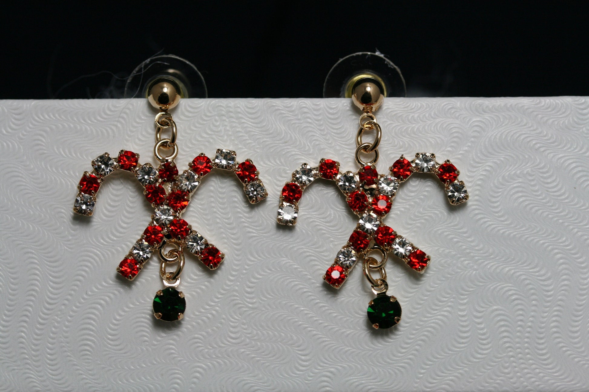 Gold-Tone Christmas Rhinestone Candy Cane Dangle Earrings, Holiday Gift Jewelry