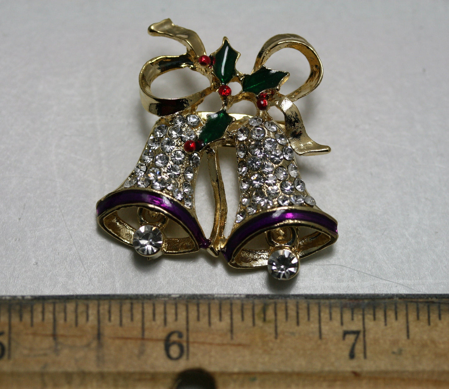 Vintage Rhinestone Double Bell Bowknot Brooch Pin for Xmas Gift, Christmas Jewelry, Holiday Holly Christmas Bells