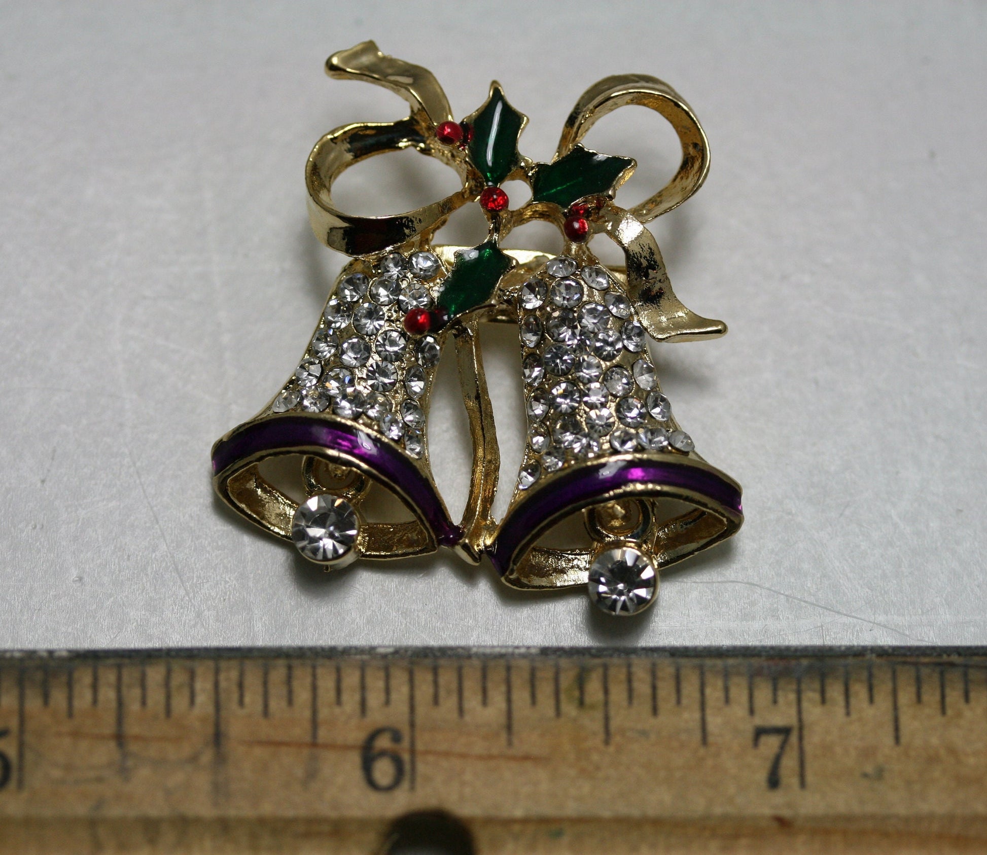 Vintage Rhinestone Double Bell Bowknot Brooch Pin for Xmas Gift, Christmas Jewelry, Holiday Holly Christmas Bells
