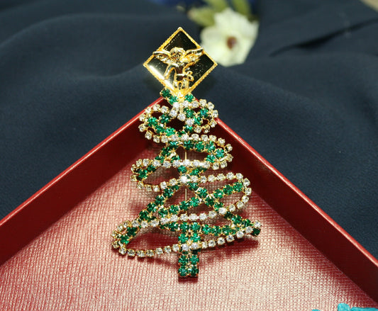 Vintage Rhinestone Christmas Tree Pin Brooch Angel Topper