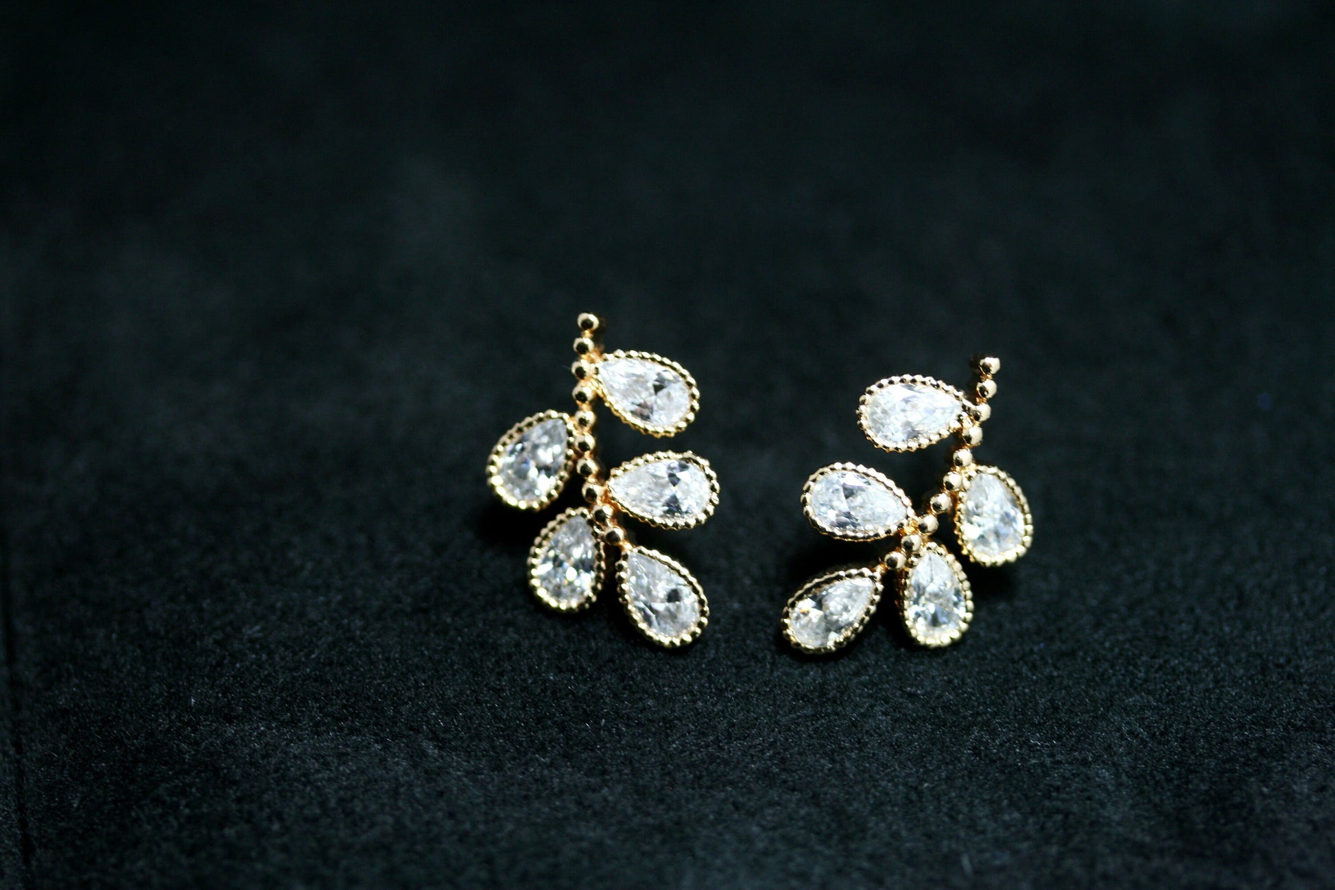 Leaf Stud Earrings with Zircon Gemstones, Rose Gold Leaf Flower Stud Earrings, CZ Rhinestone Minimalist Earrings