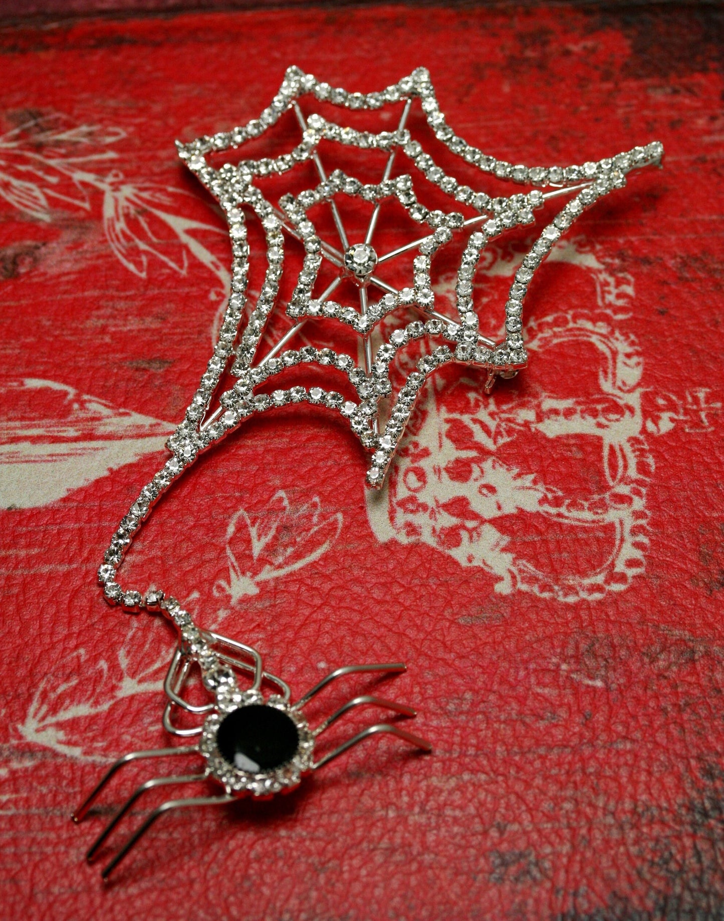 Halloween Vintage SPIDER & WEB Rhinestone Brooch, Large Spider Pin Crystal Halloween Jewelry