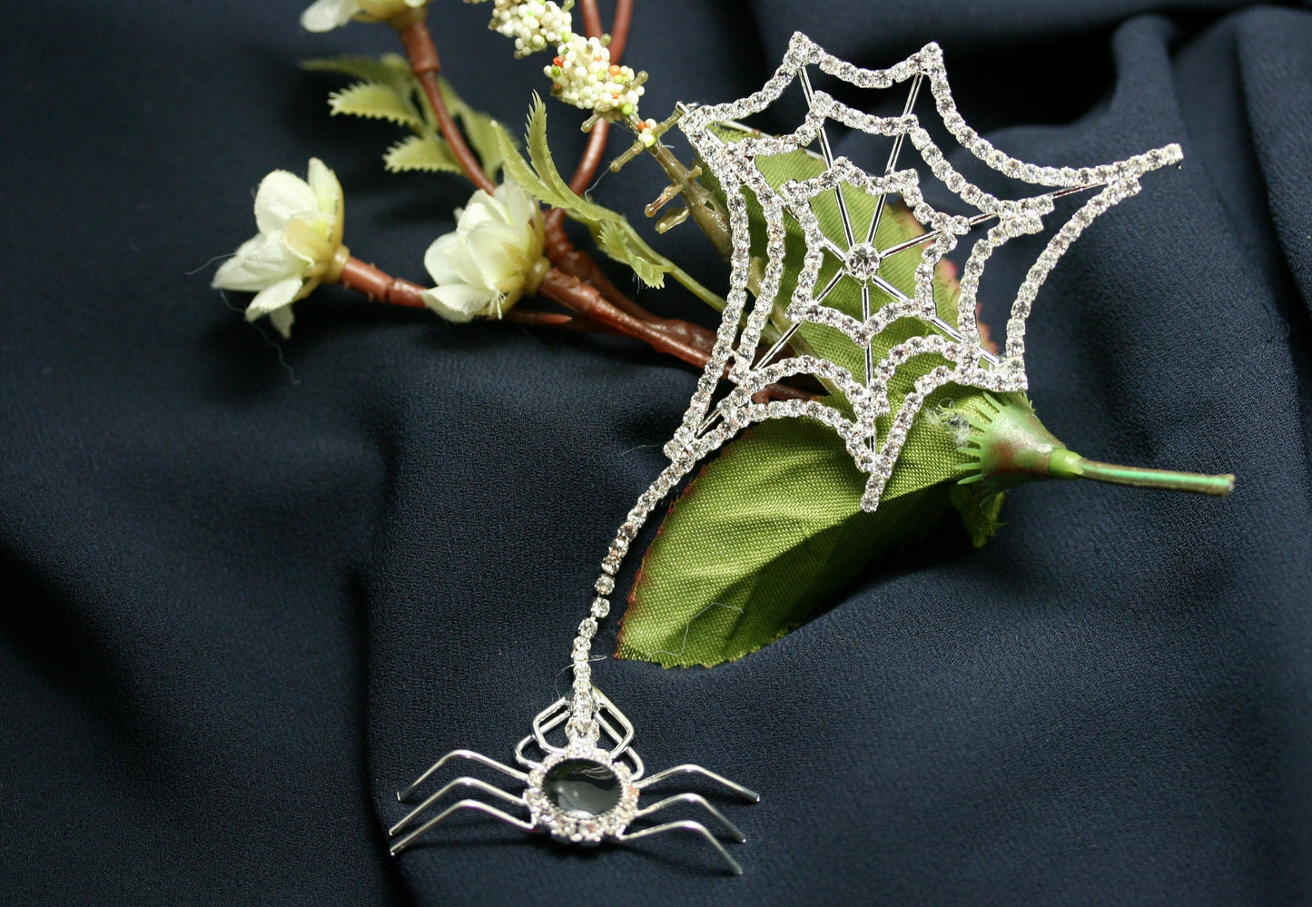 Halloween Vintage SPIDER & WEB Rhinestone Brooch, Large Spider Pin Crystal Halloween Jewelry