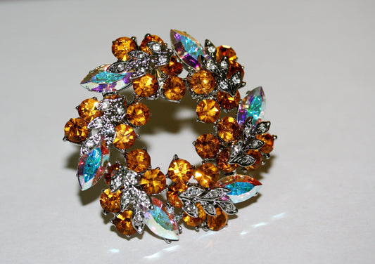 Vintage Luxury Crystal Exquisite Rhinestone Gold Wreath Brooch Pin, Round Double Layer Wreath Brooch With AB Stone, Christmas Jewelry Gift