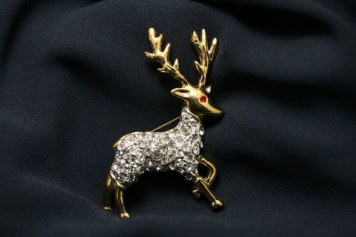Reindeer Brooch Pin Two-Tone Pave Rhinestones, Christmas Reindeer Brooch, Holiday Jewelry Gift For Her