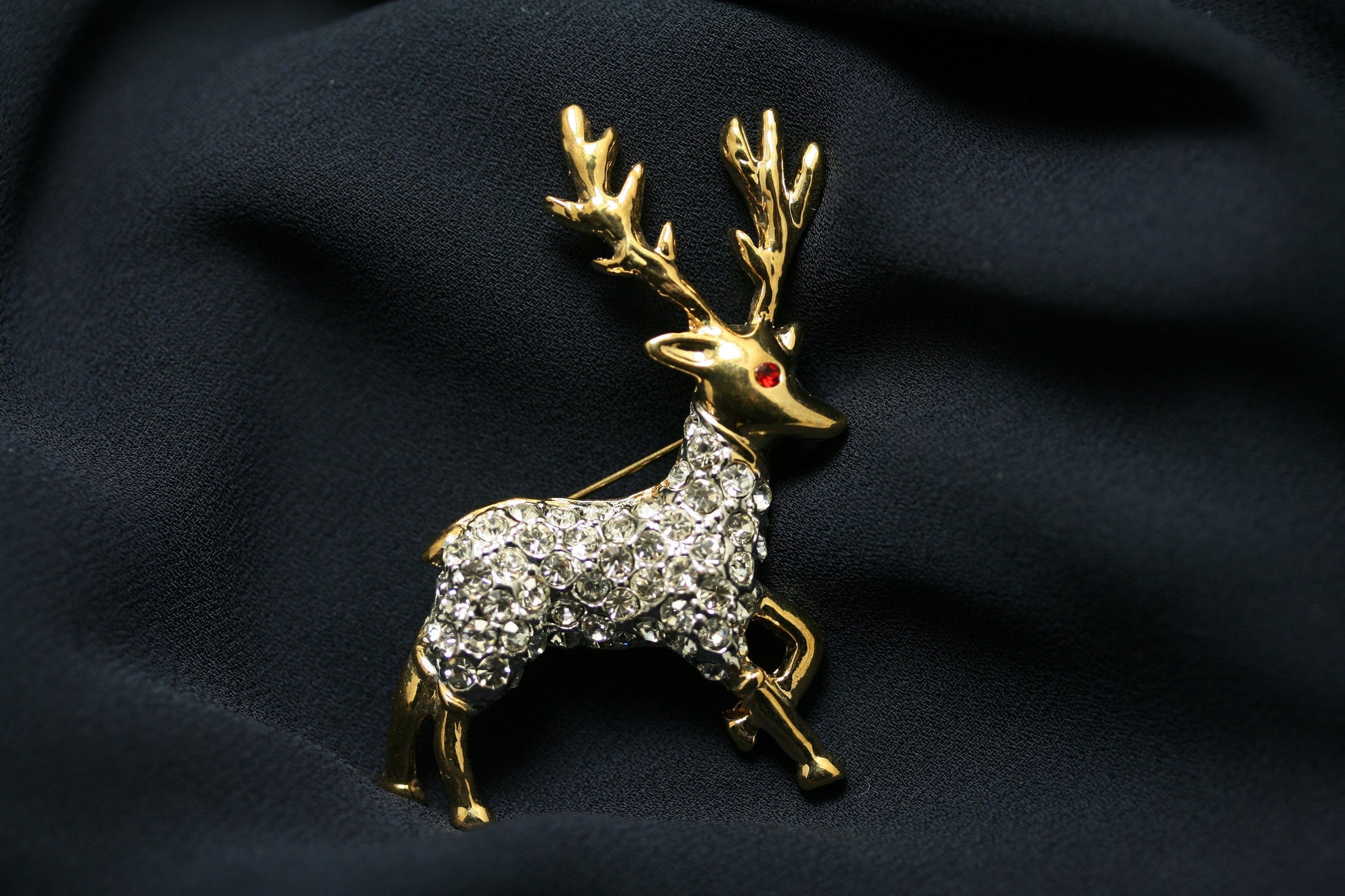 Reindeer Brooch Pin Two-Tone Pave Rhinestones, Christmas Reindeer Brooch, Holiday Jewelry Gift For Her