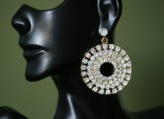 Vintage Massive Rhinestone Hoop Dangling Earrings Gold-tone Pageant Earrings Décor Drop Earrings