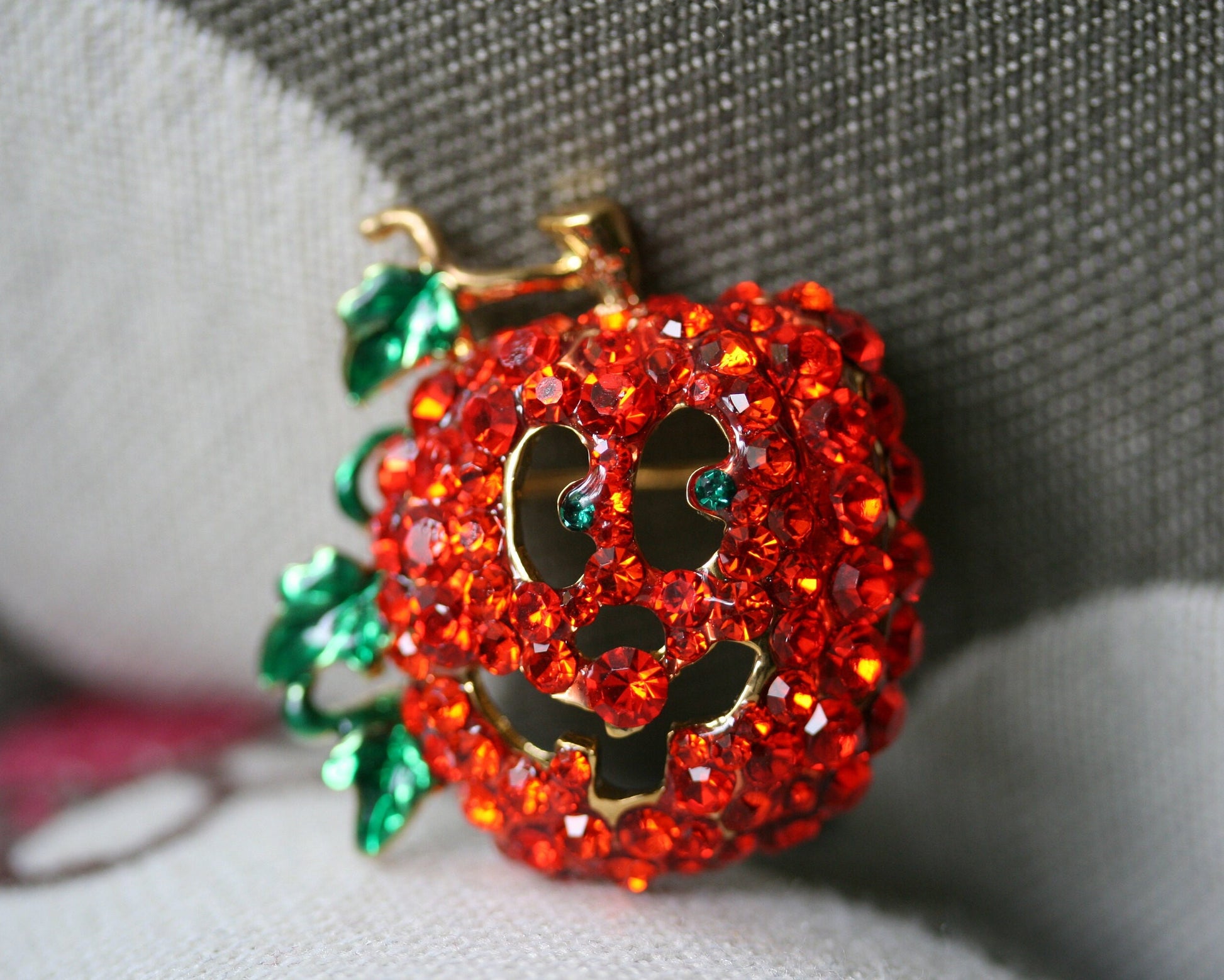 Rhinestone Orange Pumpkin Face Brooch Pin, Halloween Jewelry Gift