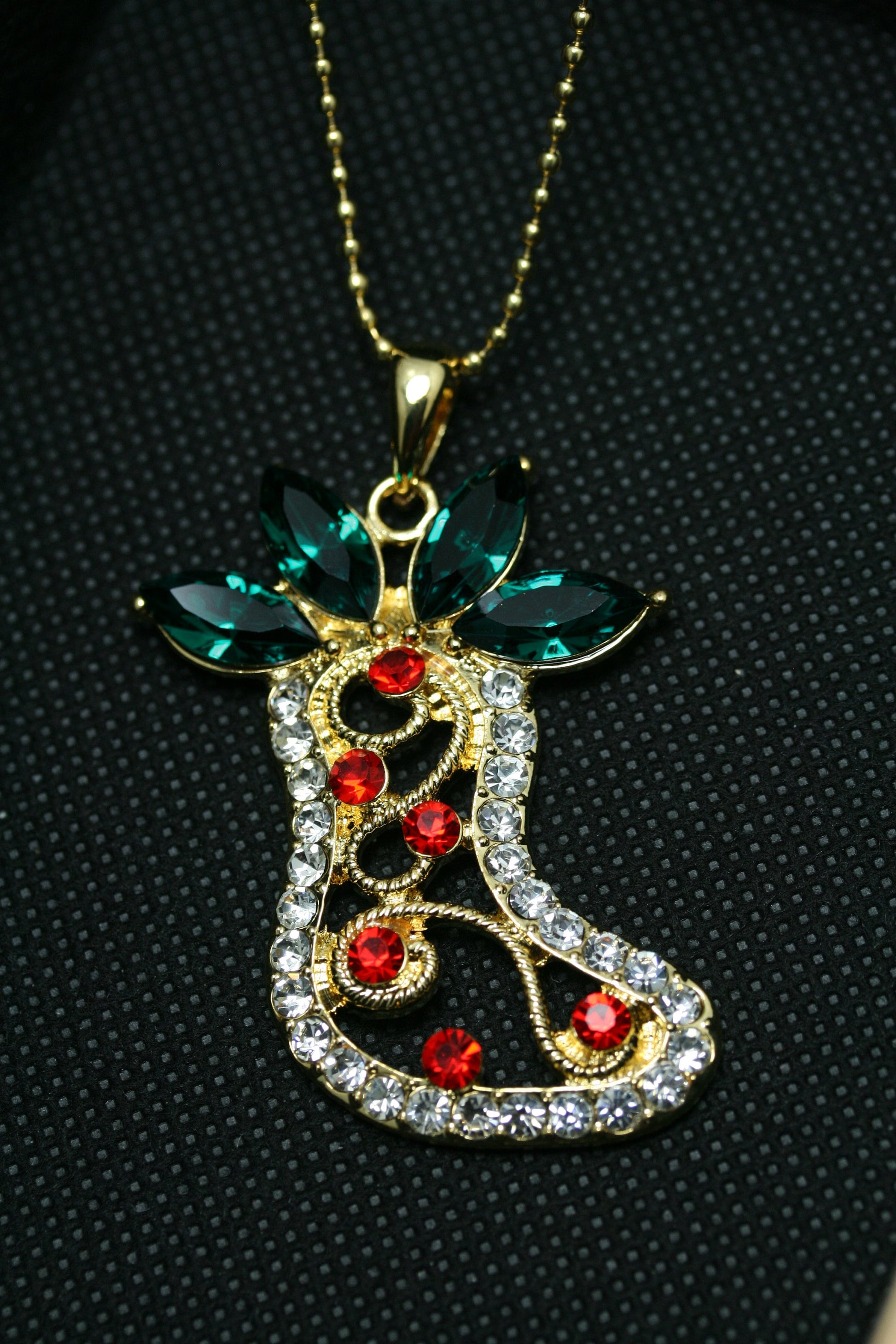 Christmas Stocking Gold Red Green Rhinestone Pendant, Crystal Christmas Stocking Jewelry
