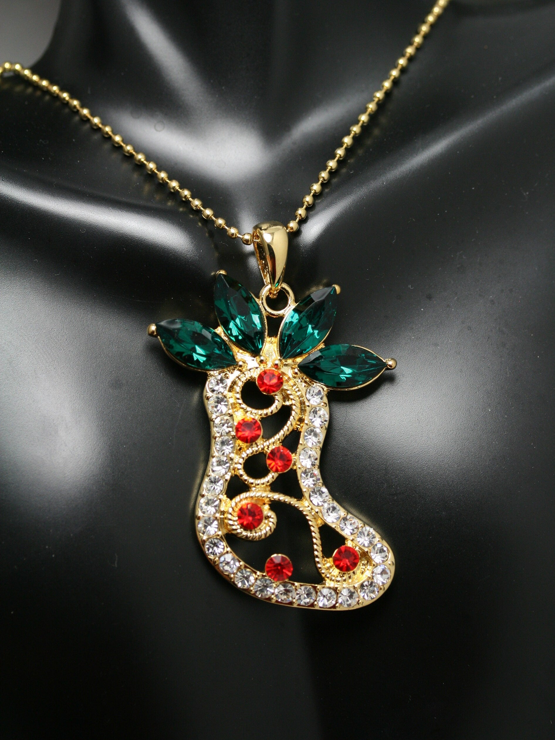 Christmas Stocking Gold Red Green Rhinestone Pendant, Crystal Christmas Stocking Jewelry