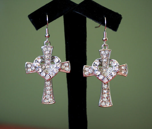 Fashion Heart with Crystal Cross Personality Fishhook Earrings Charm Women Girls