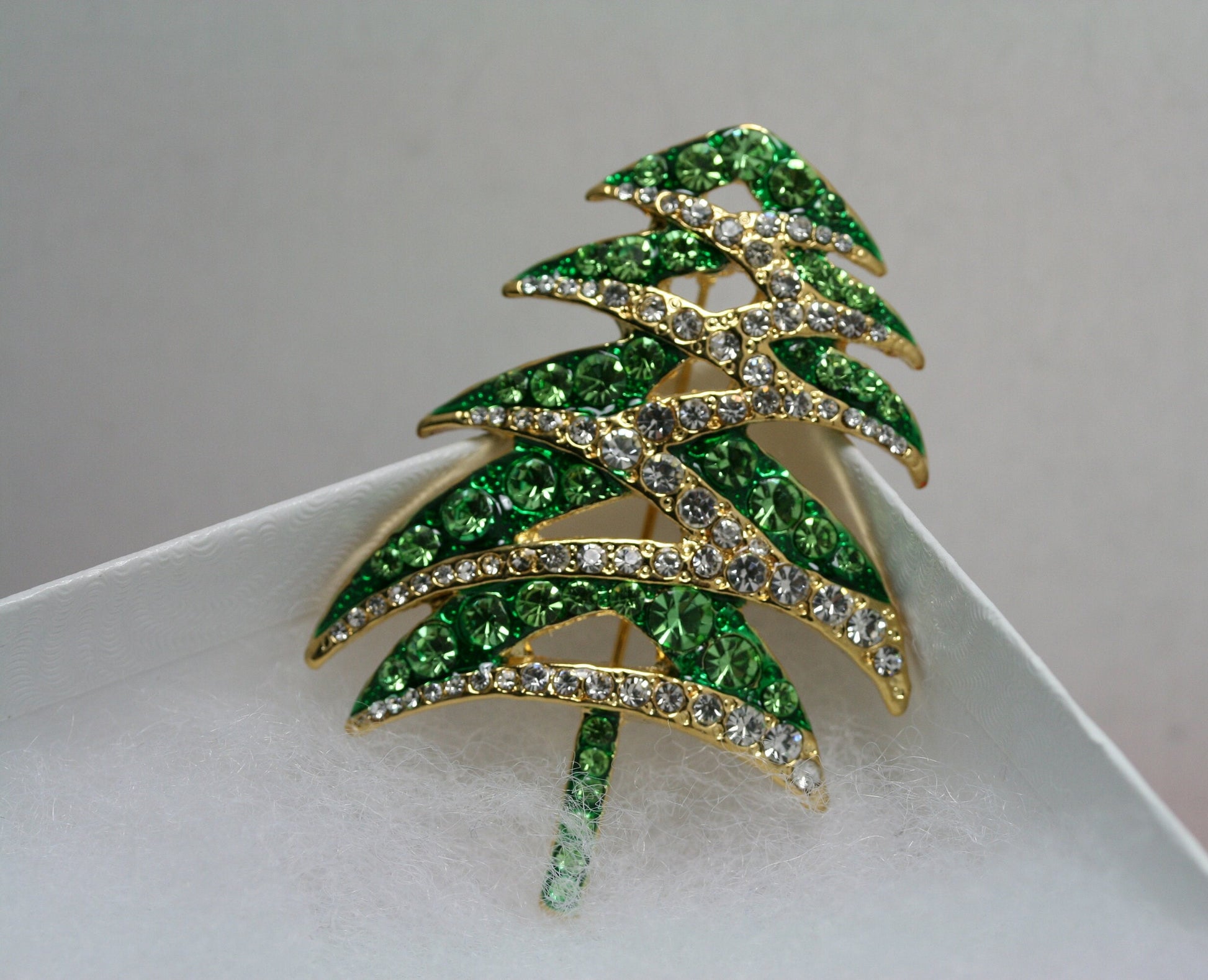 Green Rhinestone Christmas Tree Brooch Pin, Christmas Jewelry Gift