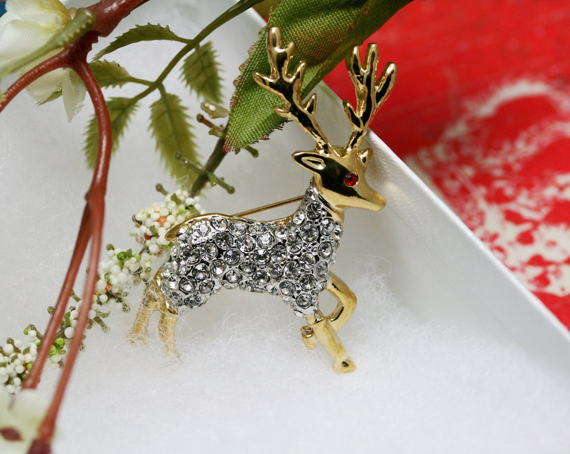 Reindeer Brooch Pin Two-Tone Pave Rhinestones, Christmas Reindeer Brooch, Holiday Jewelry Gift For Her