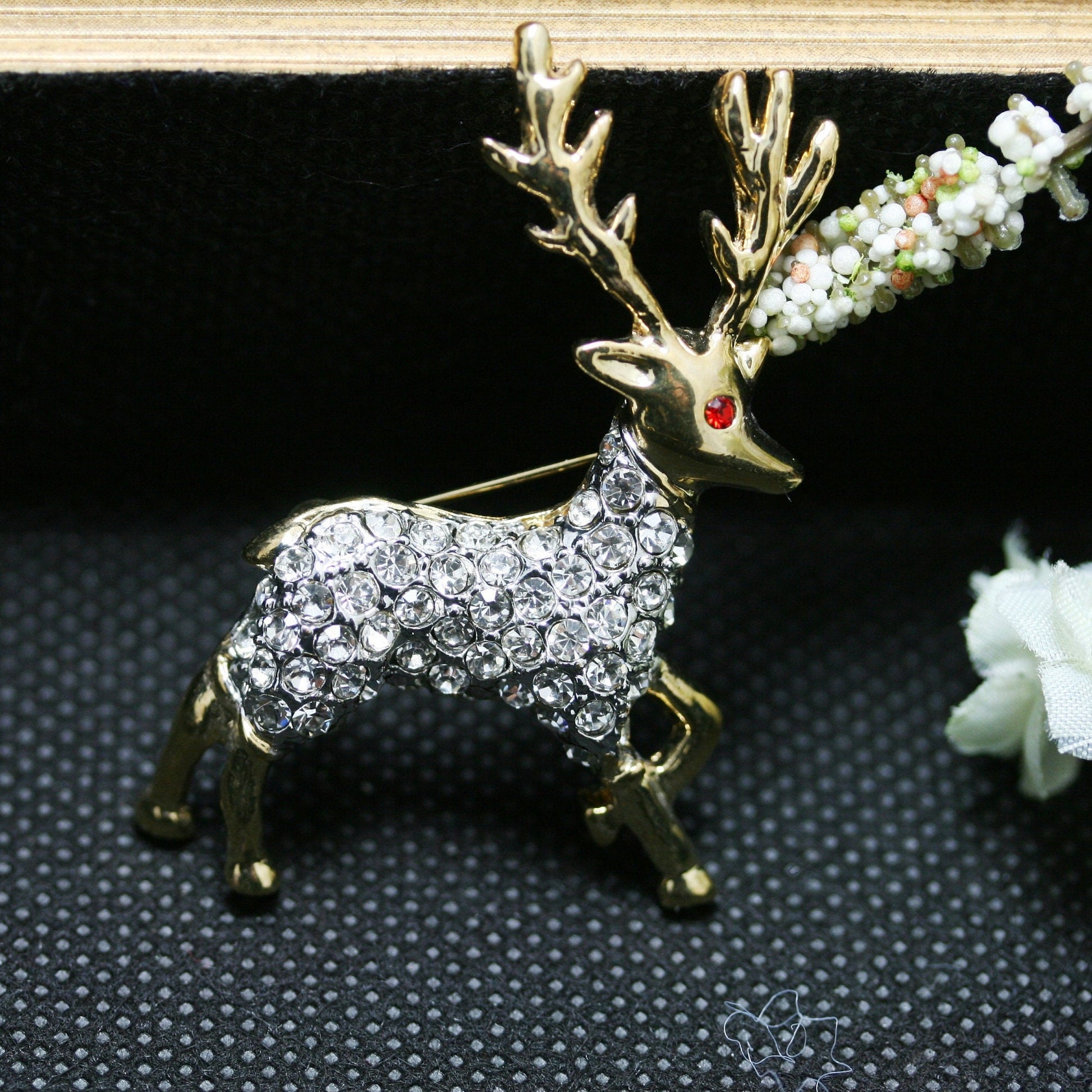 Reindeer Brooch Pin Two-Tone Pave Rhinestones, Christmas Reindeer Brooch, Holiday Jewelry Gift For Her