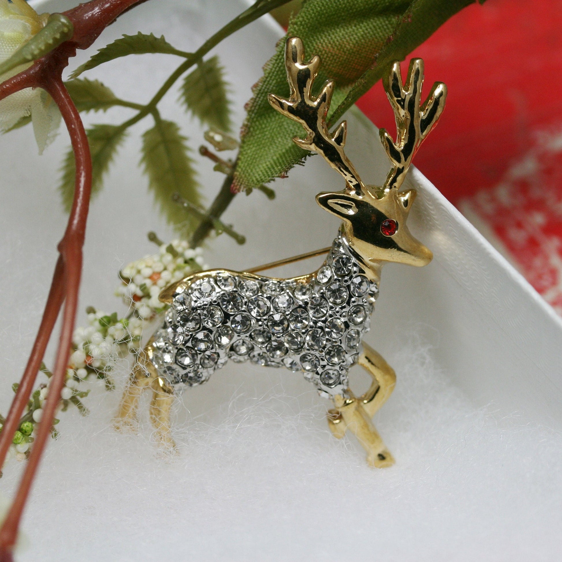 Reindeer Brooch Pin Two-Tone Pave Rhinestones, Christmas Reindeer Brooch, Holiday Jewelry Gift For Her
