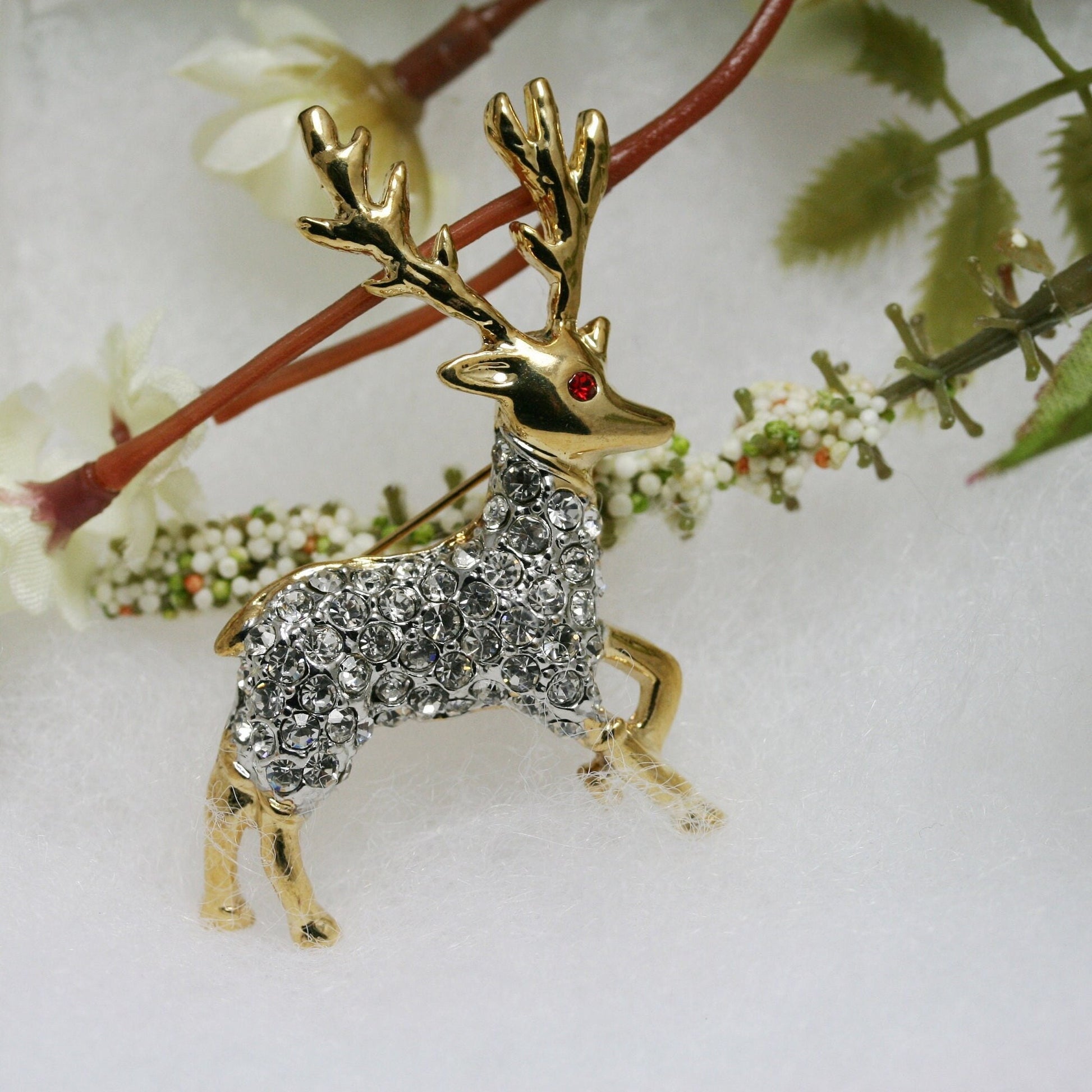 Reindeer Brooch Pin Two-Tone Pave Rhinestones, Christmas Reindeer Brooch, Holiday Jewelry Gift For Her