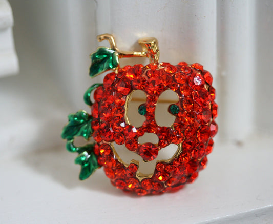 Rhinestone Orange Pumpkin Face Brooch Pin, Halloween Jewelry Gift