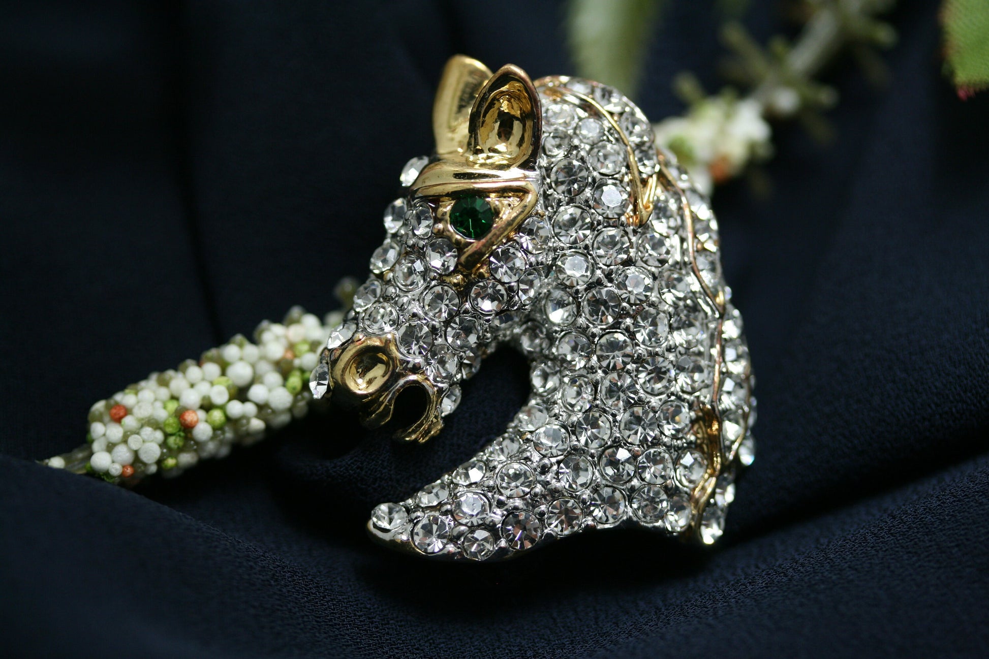 Vintage Rhinestone horse head Pin Crystal and gold